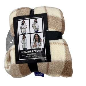 Weatherproof Jacket Womens L/XL Reversible Cream Plush Plaid Hooded Soft Winter